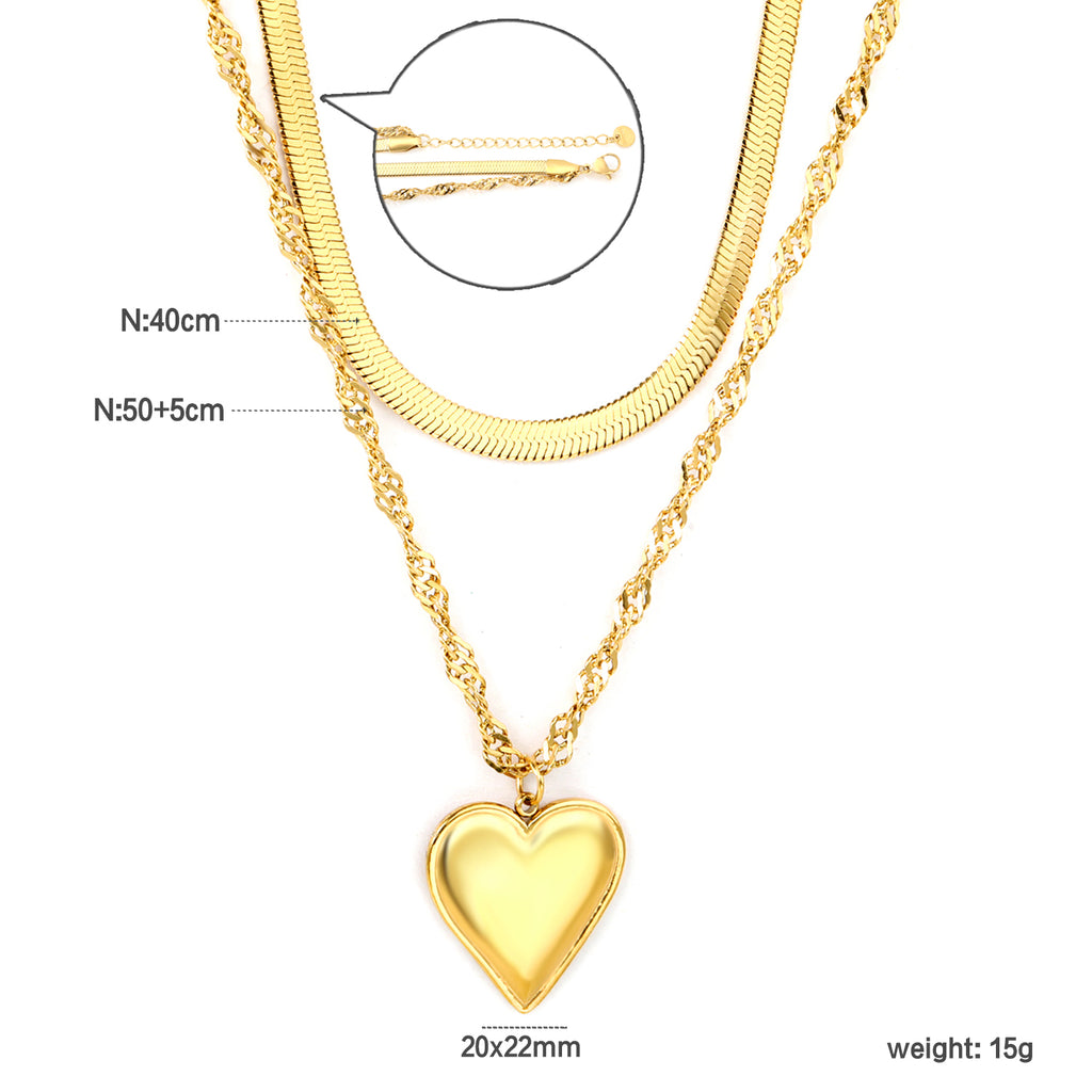 20x22mm heart-shaped accessory double chain 4mm blade chain 40cm + 3mm water glass chain 50x5cm + 6mm round tail tag necklace, gold