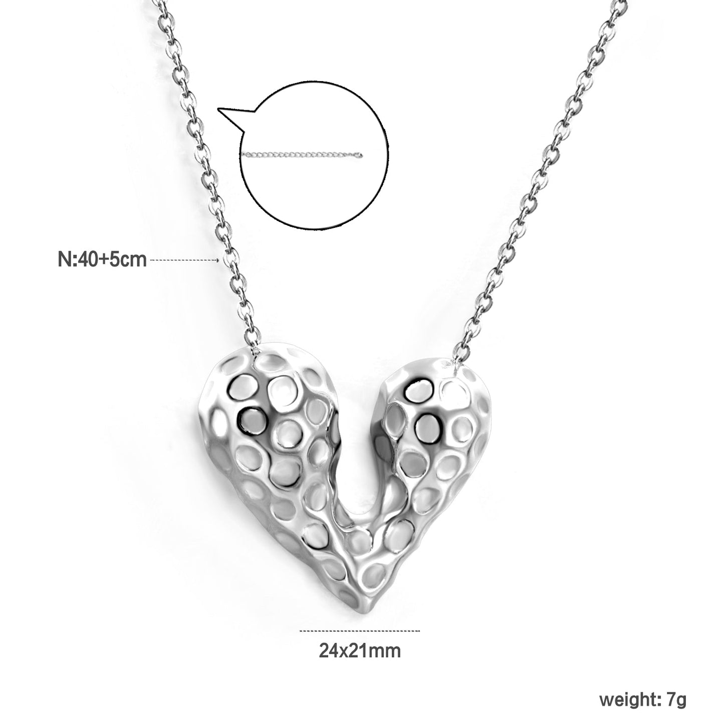 24*21mm Heart with Pitted Face Pendant Necklace 0.3 Cross Chain 40+5cm+6mm Round End Plate Steel Color/Golden Color asonjewelry