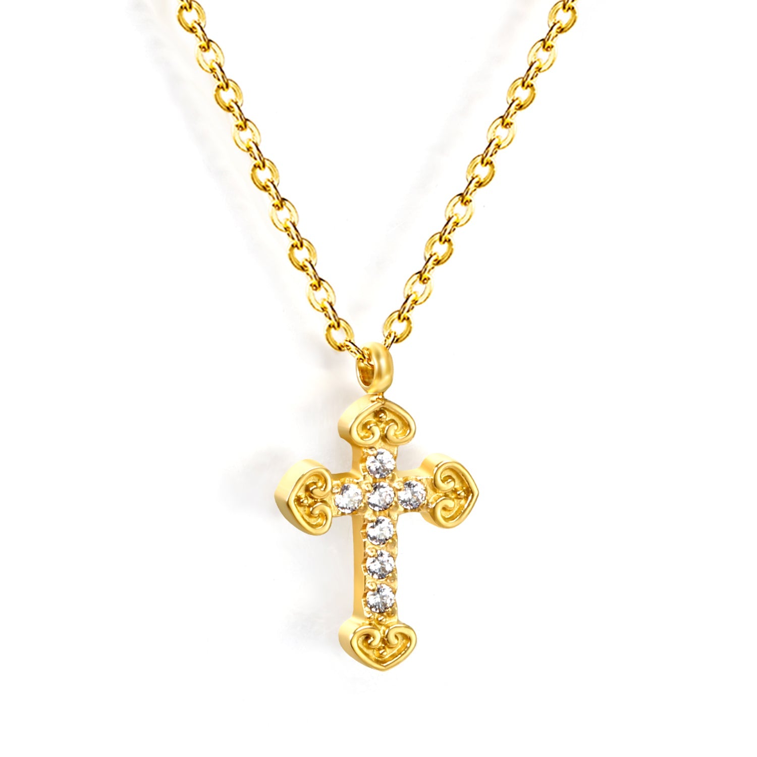 11*15mm cross with white zirconium pendant necklace 0.3 cross chain 40+5cm+6mm round tag Gold color asonjewelry