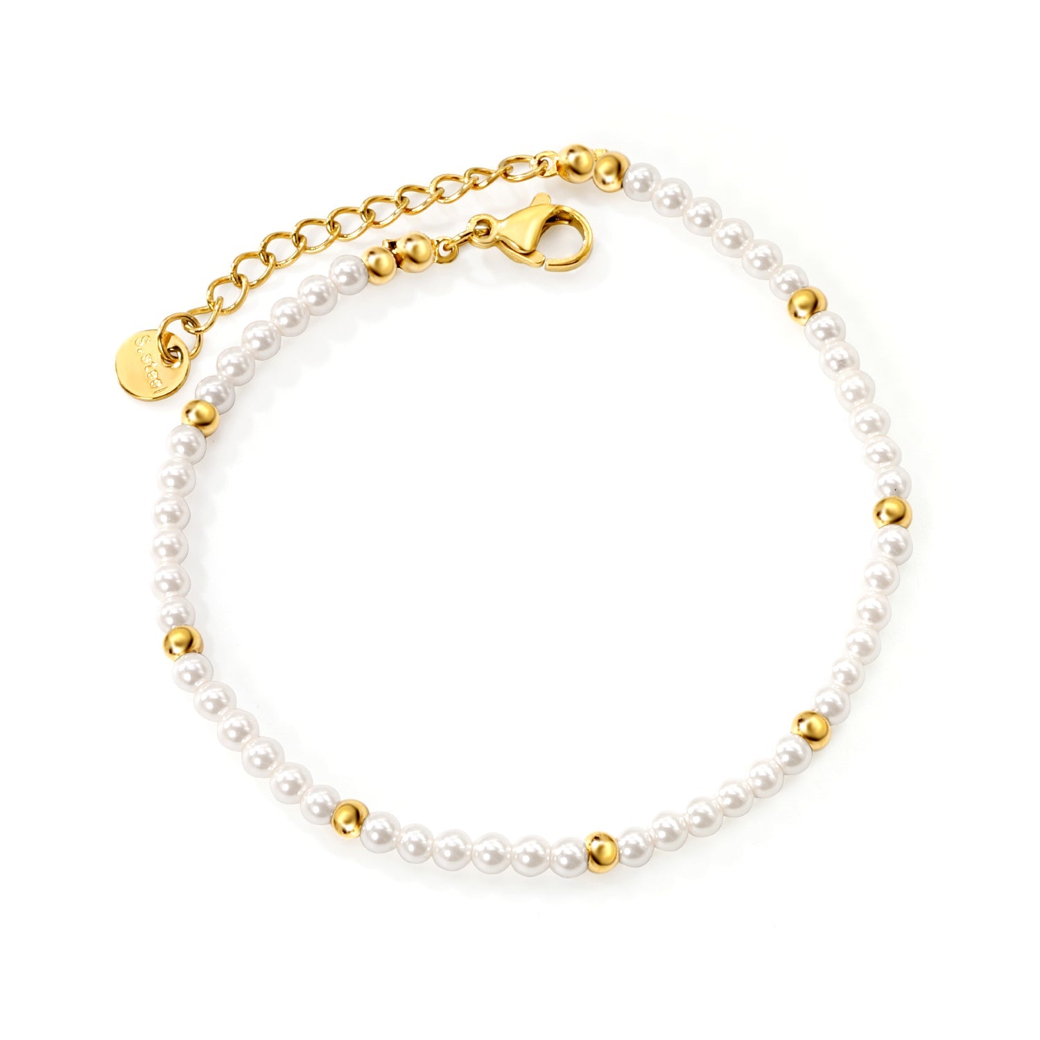 3.2mm White Shell Beads + 3mm Small Steel Beads Bracelet 18+3cm+6mm Round Tag Gold Color asonjewelry
