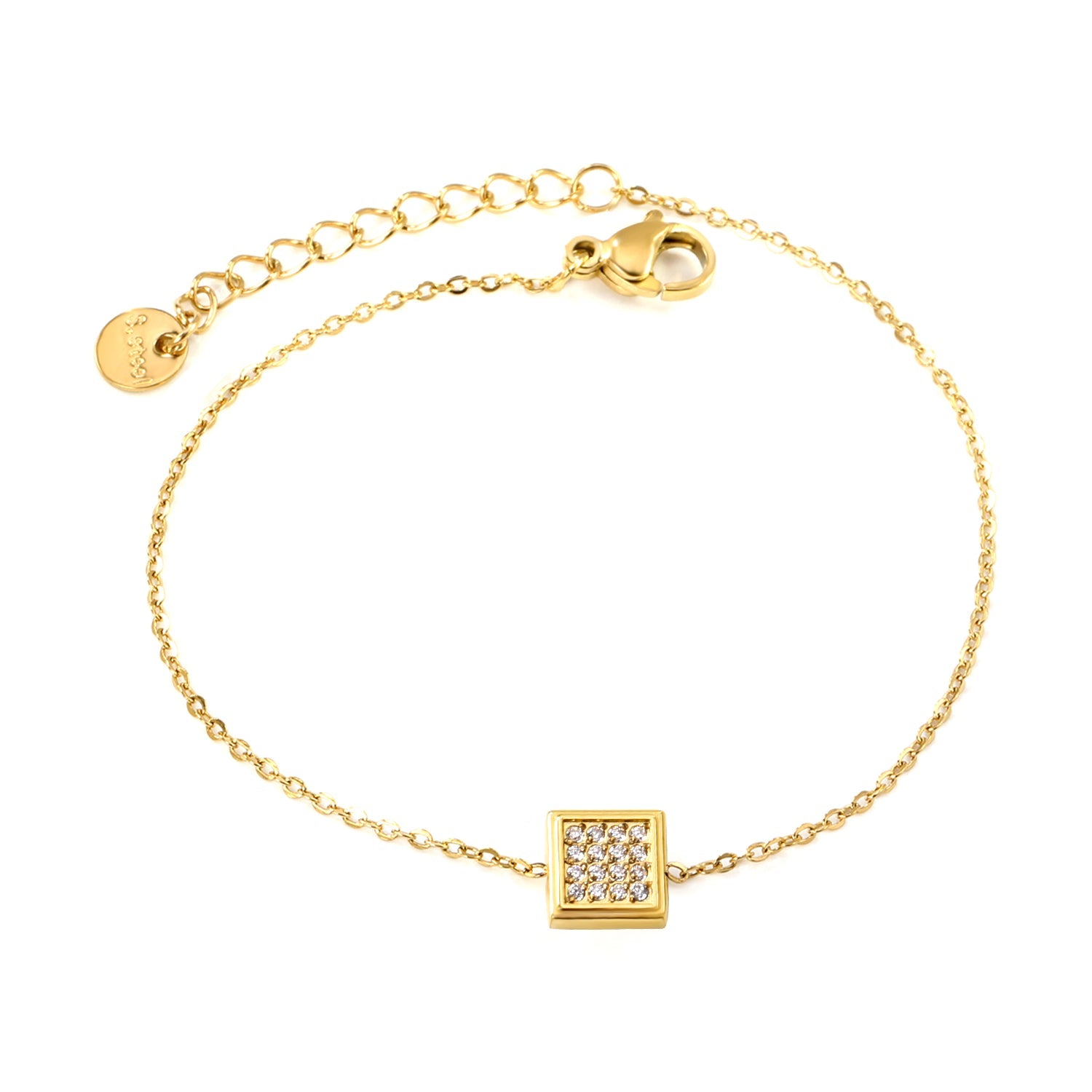 8mm Convex Square CNC White Zirconium 0.3 Cross Bracelet 18+3cm+6mm Round Tail Plaque Gold Color asonjewelry