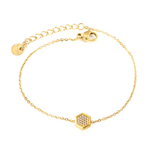 7.8 x 8.6mm raised edge hexagonal CNC white zirconium 0.3 cross chain bracelet 18+3cm+6mm round pendant Steel color/Gold color