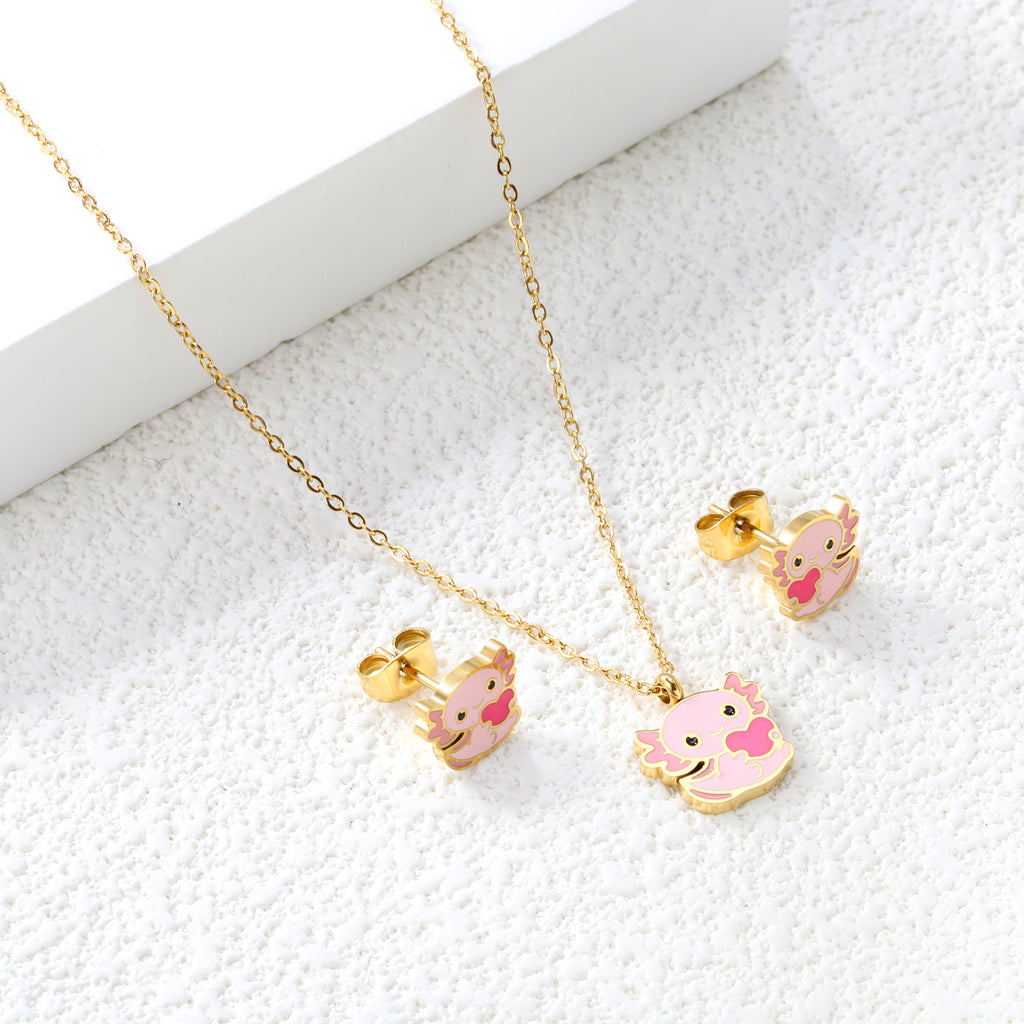 Little Monster Set Steel Color Earrings:10*8.5mm Pendant:12*10mm0.3 Cross Chain*40+5cm+6mm Round Plaque