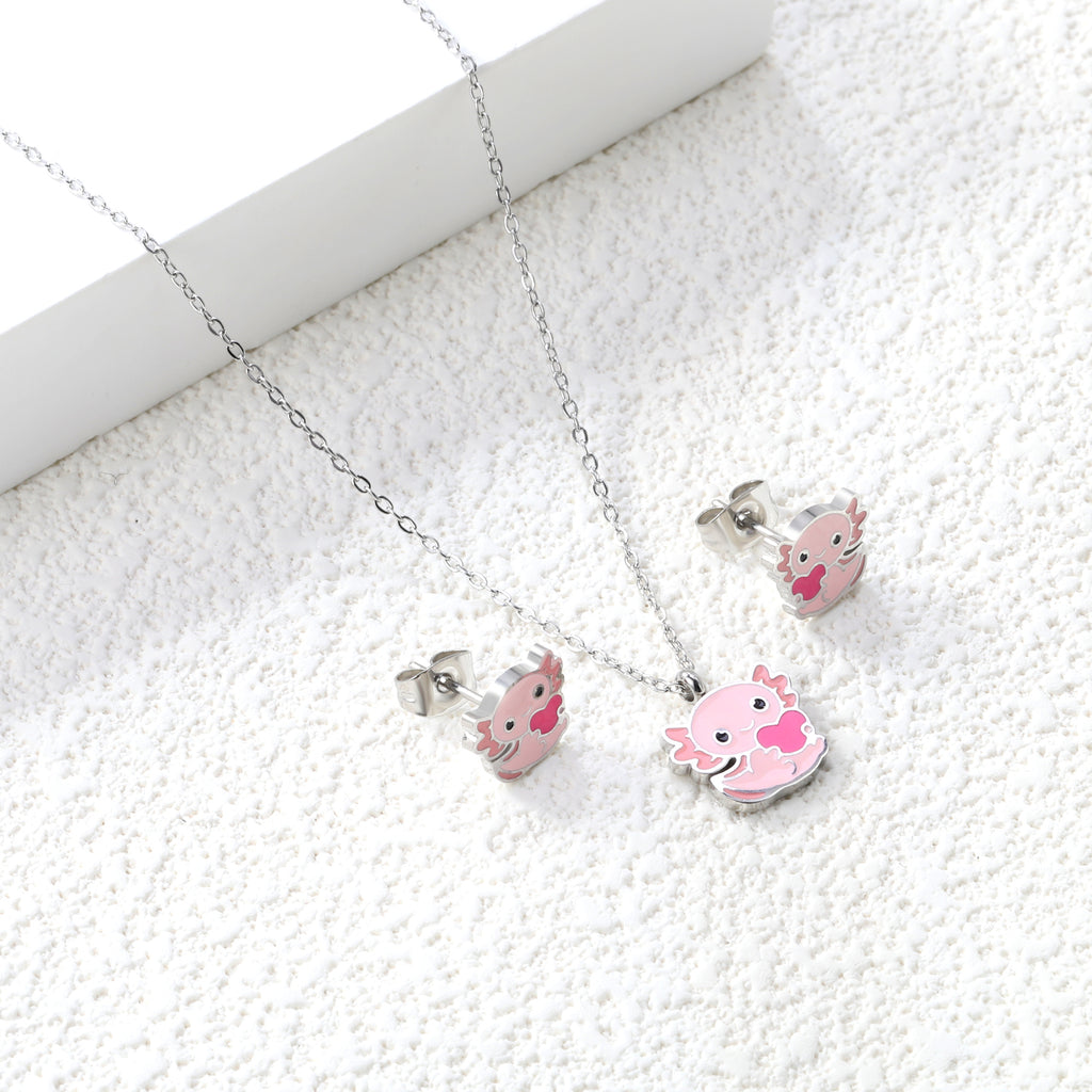 Little Monster Set Steel Color Earrings:10*8.5mm Pendant:12*10mm0.3 Cross Chain*40+5cm+6mm Round Plaque