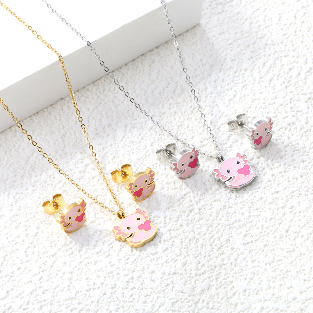 Little Monster Set Steel Color Earrings:10*8.5mm Pendant:12*10mm0.3 Cross Chain*40+5cm+6mm Round Plaque