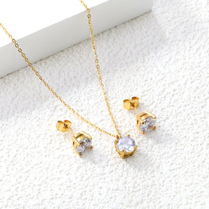 Round white zirconium set Gold-colored earrings:7mm Pendant:7mm 0.3 cross chain*40+5cm+6mm round plate