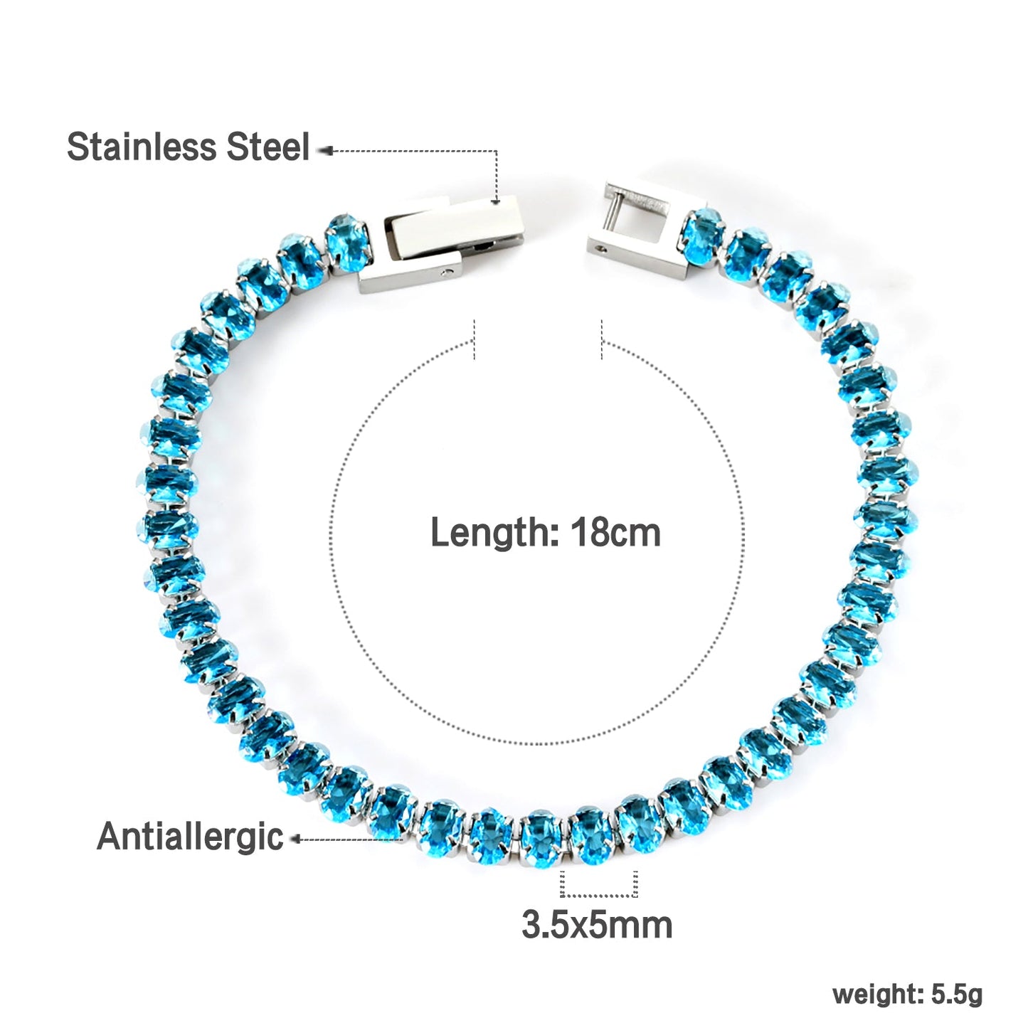 5*3.5mm Oval White/Purple/Red/Pink/Aquamarine/Mixed Color Genuine Zirconium Clasp Bracelet 17cm Steel/Gold asonjewelry