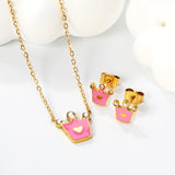8*8.4mm Crown with Pink Oil Drip Earrings + 11.7*12mm Pendant Necklace Set Cross 0.35 45+5cm+6mm Round Tail Plaque Set Steel Color / Gold