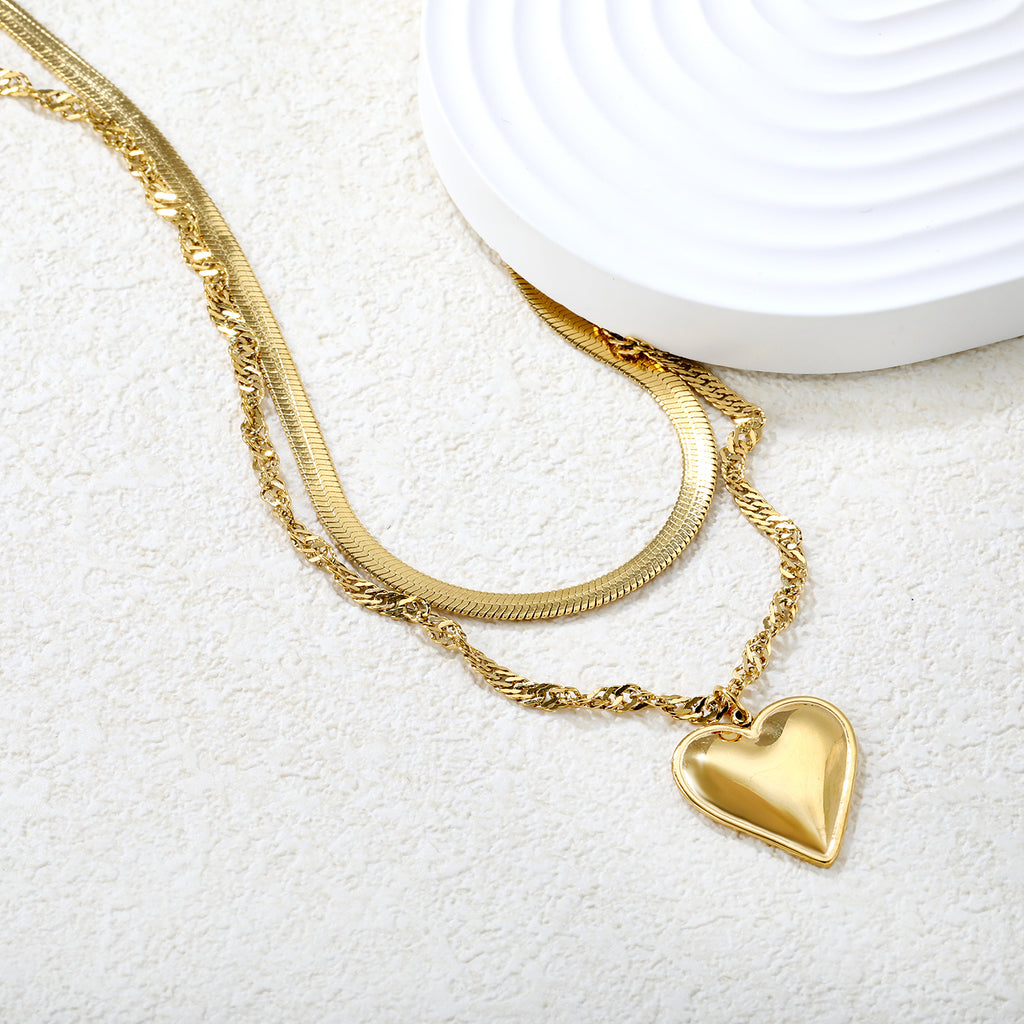 20x22mm heart-shaped accessory double chain 4mm blade chain 40cm + 3mm water glass chain 50x5cm + 6mm round tail tag necklace, gold