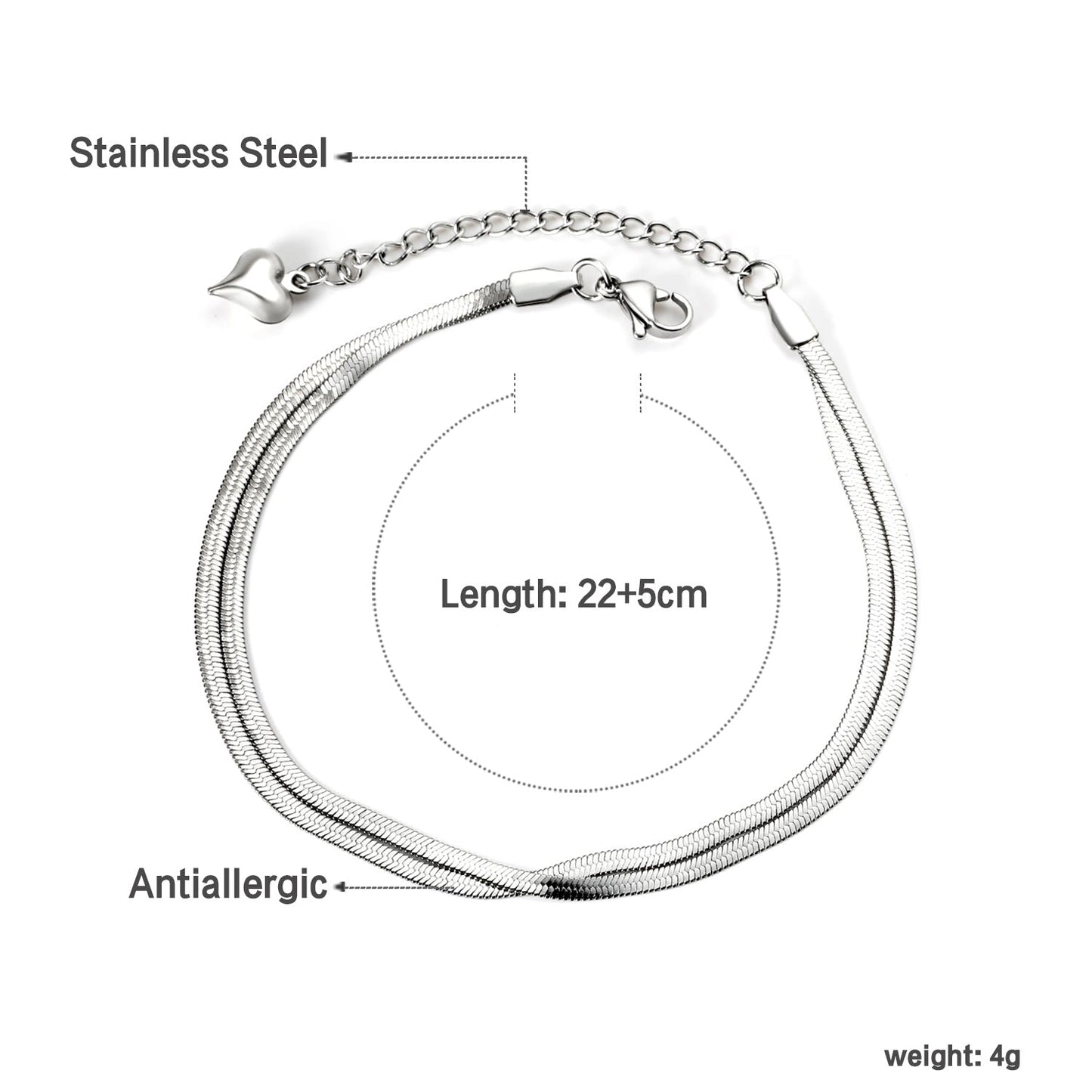 Flat snake double anklet 22+5cm gold color steel color asonjewelry