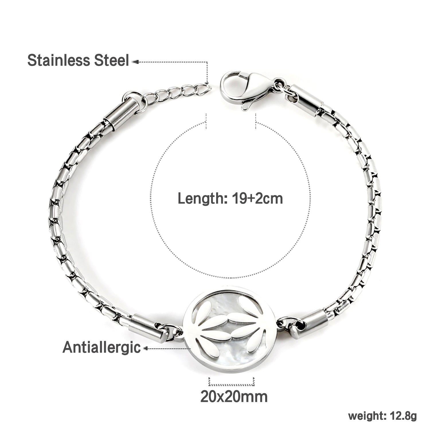 2024 New Year Round Symmetrical Leaves with White Shell Accessories Bracelet 19+2cm asonjewelry