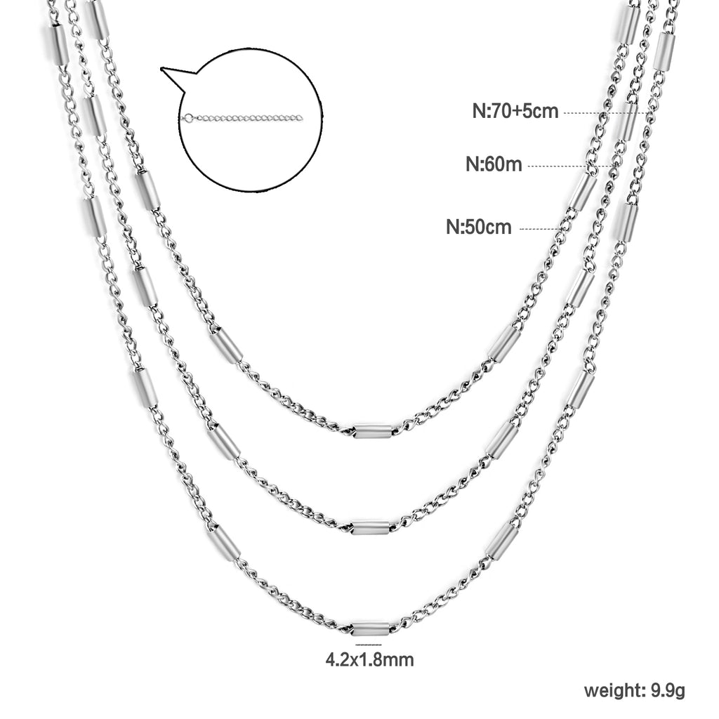 Sweater Chain W1.4*Wire0.4mm Side Wrap Tube Chain 50+60+70cm+5cm+6mm Round Tail Plaque Necklace Steel/Golden