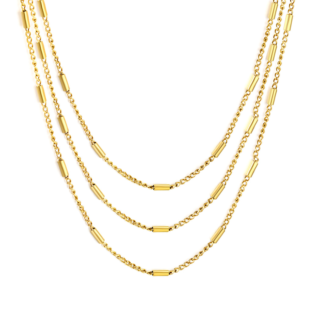 Sweater Chain W1.4*Wire0.4mm Side Wrap Tube Chain 50+60+70cm+5cm+6mm Round Tail Plaque Necklace Steel/Golden