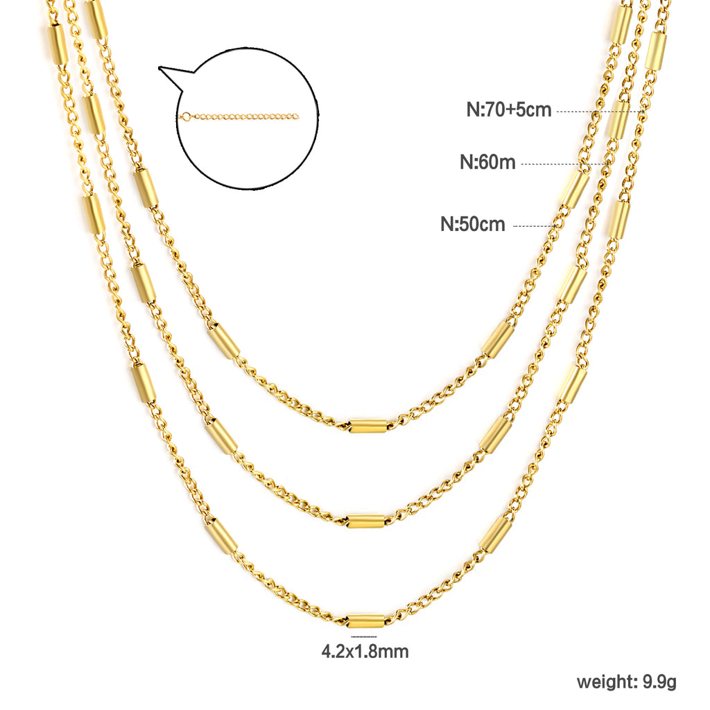 Sweater Chain W1.4*Wire0.4mm Side Wrap Tube Chain 50+60+70cm+5cm+6mm Round Tail Plaque Necklace Steel/Golden