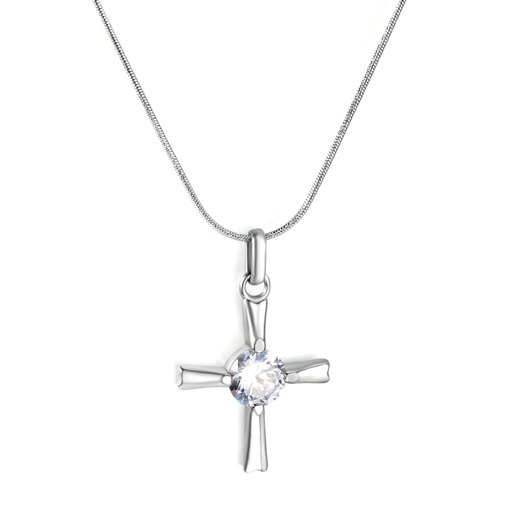 20.8*27.5mm Cross + White Zirconia 0.9 Round Snake 40+5cm Necklace Steel Color