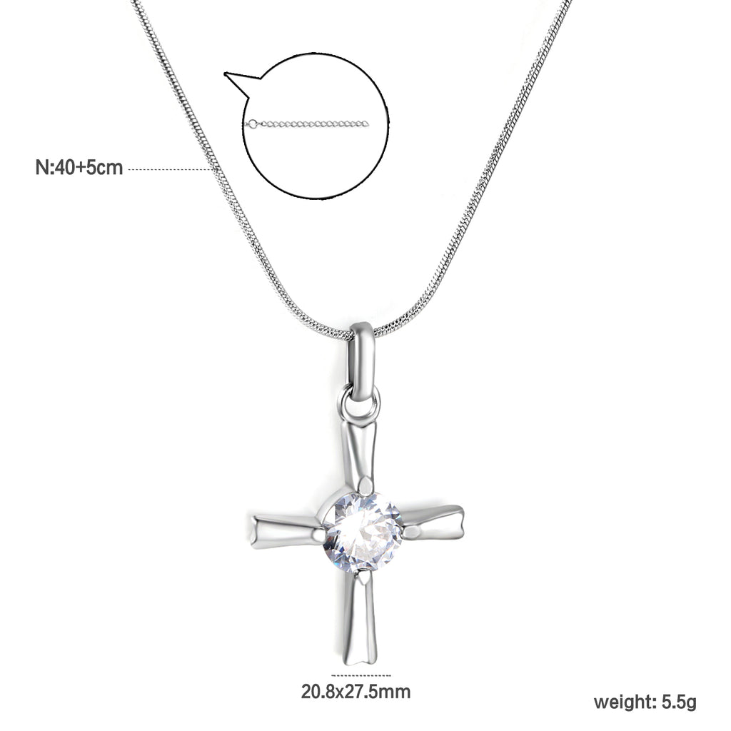 20.8*27.5mm Cross + White Zirconia 0.9 Round Snake 40+5cm Necklace Steel Color