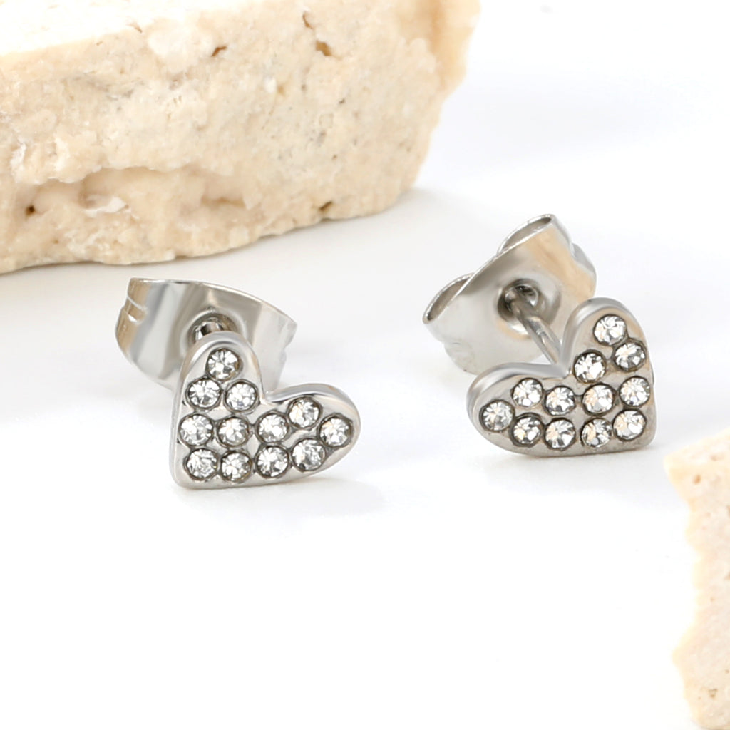 7*5.9mm heart-shaped white diamond plain pin earrings steel color/golden color