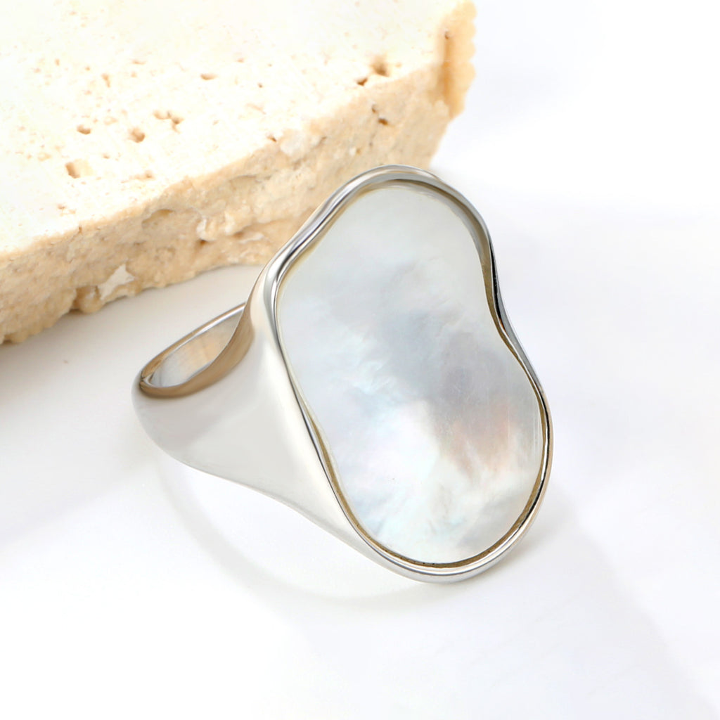 Wholesale Trendy Gold - Toned Stainless Steel Open Rings with Irregular Mother - of - Pearl Inlay for Bulk Orders