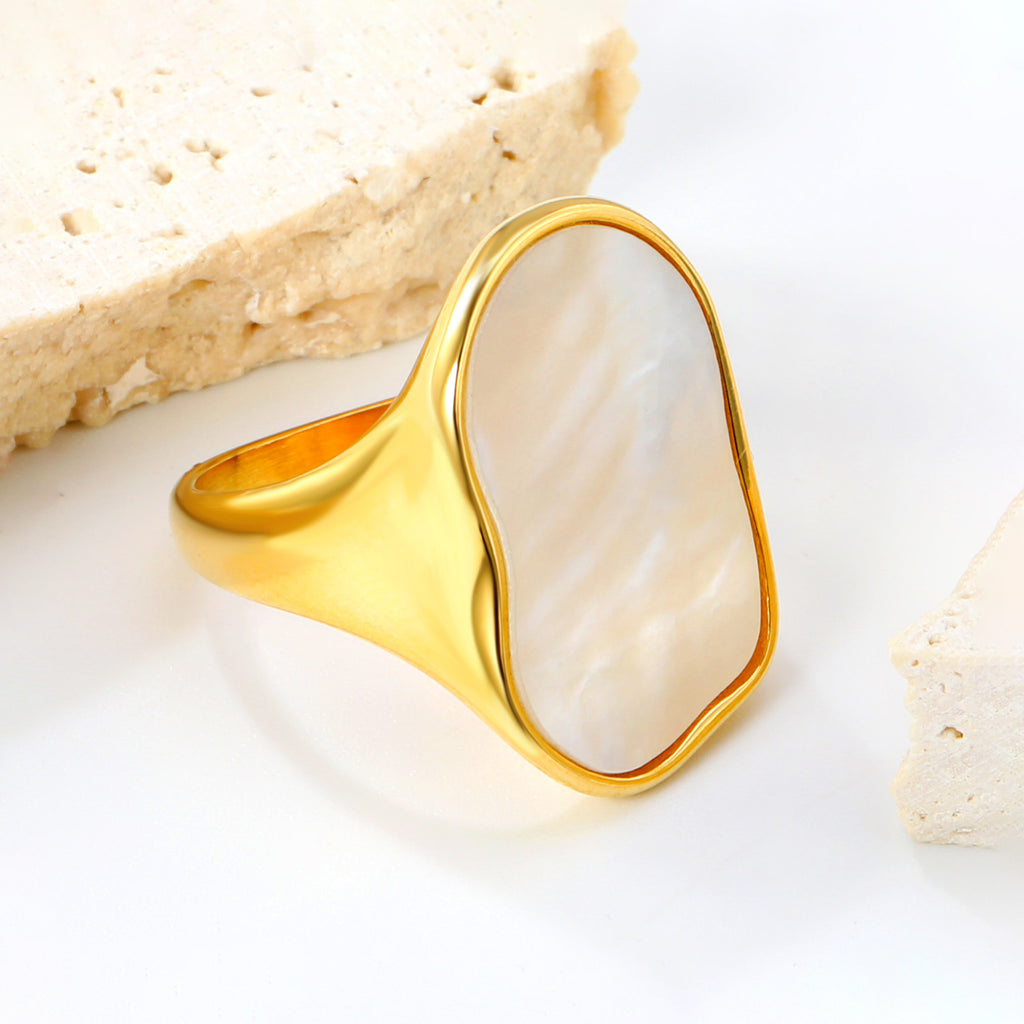 Wholesale Trendy Gold - Toned Stainless Steel Open Rings with Irregular Mother - of - Pearl Inlay for Bulk Orders