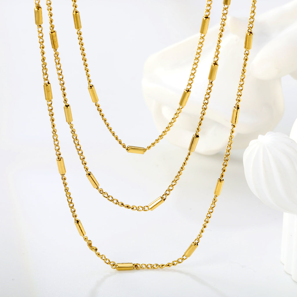 Sweater Chain W1.4*Wire0.4mm Side Wrap Tube Chain 50+60+70cm+5cm+6mm Round Tail Plaque Necklace Steel/Golden