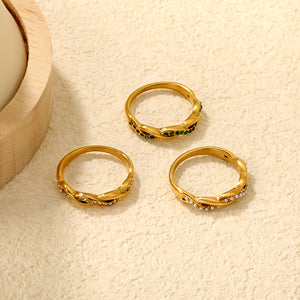 Gold - Plated Curved Band Rings with Diamond, Emerald & Pearl Accents