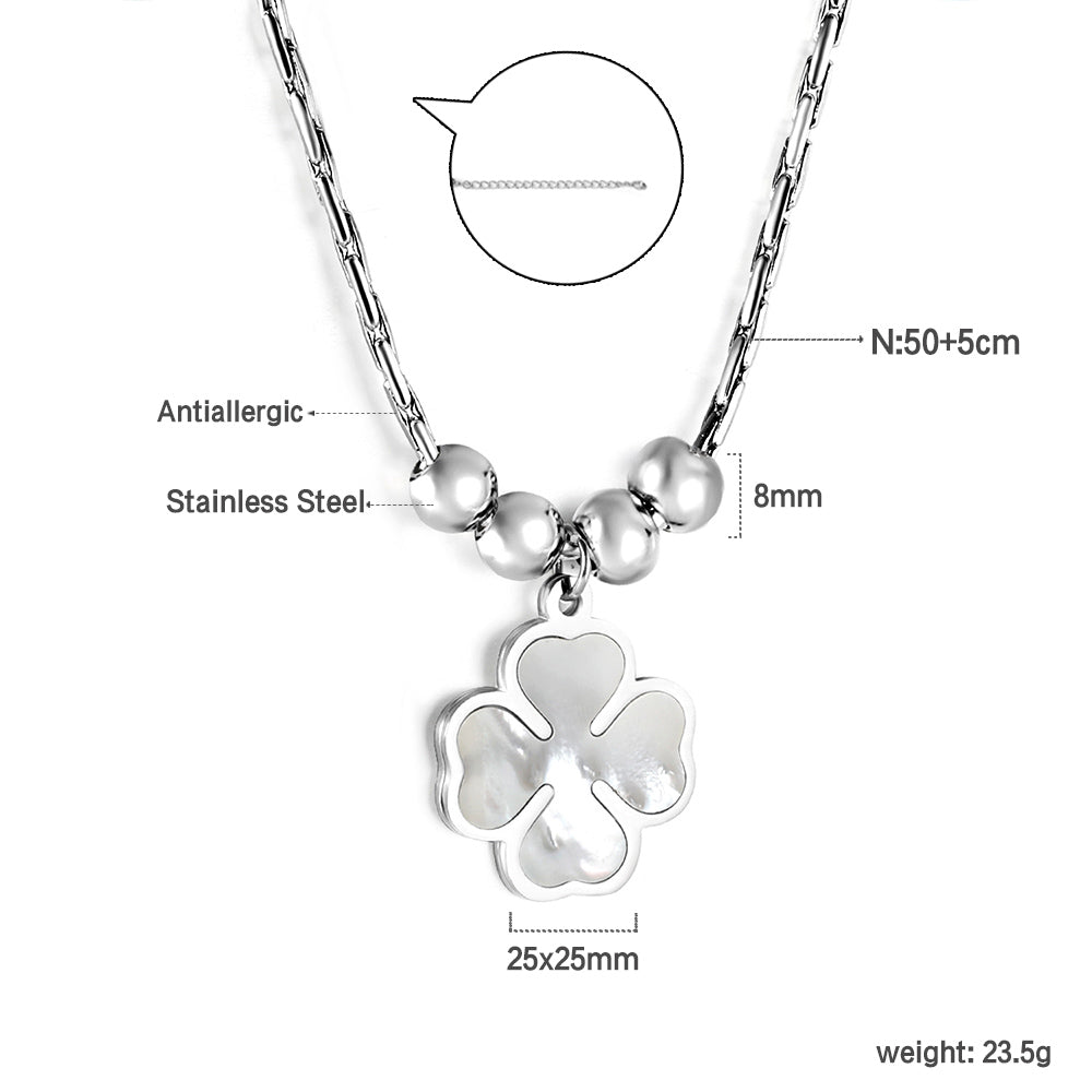 2024 New Year Clover with White Shell + 4 Steel Beads Pendant Necklace 50+5cm asonjewelry