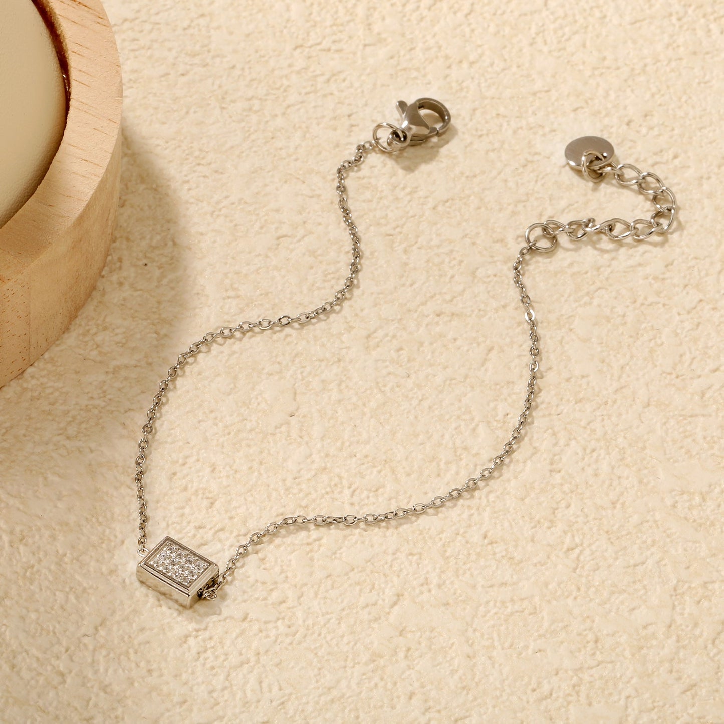 7.7 x 6mm raised edge rectangular 0.3 cross chain bracelet 18+3cm+6mm round pendant Steel color/gold color asonjewelry