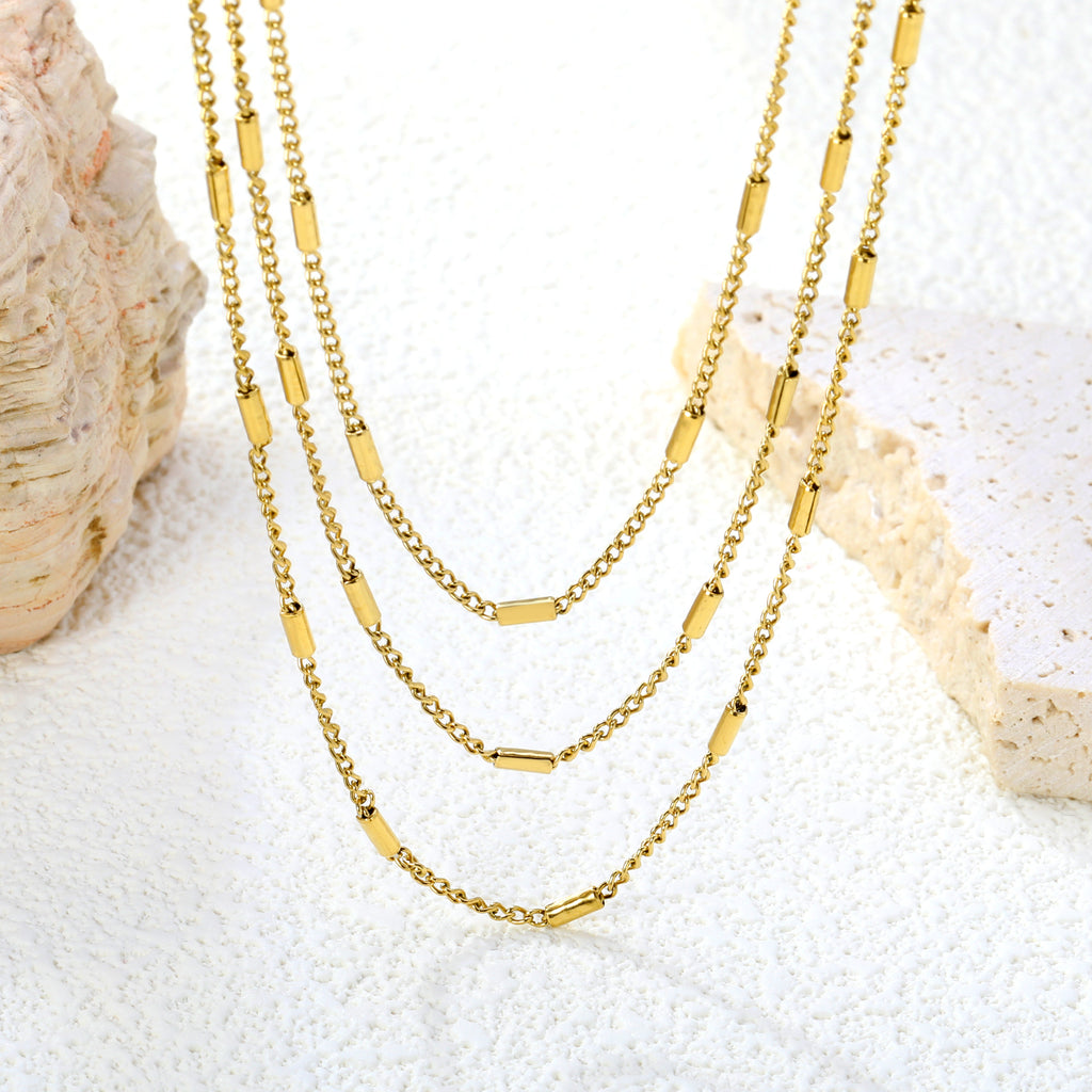 Sweater Chain W1.4*Wire0.4mm Side Wrap Tube Chain 50+60+70cm+5cm+6mm Round Tail Plaque Necklace Steel/Golden