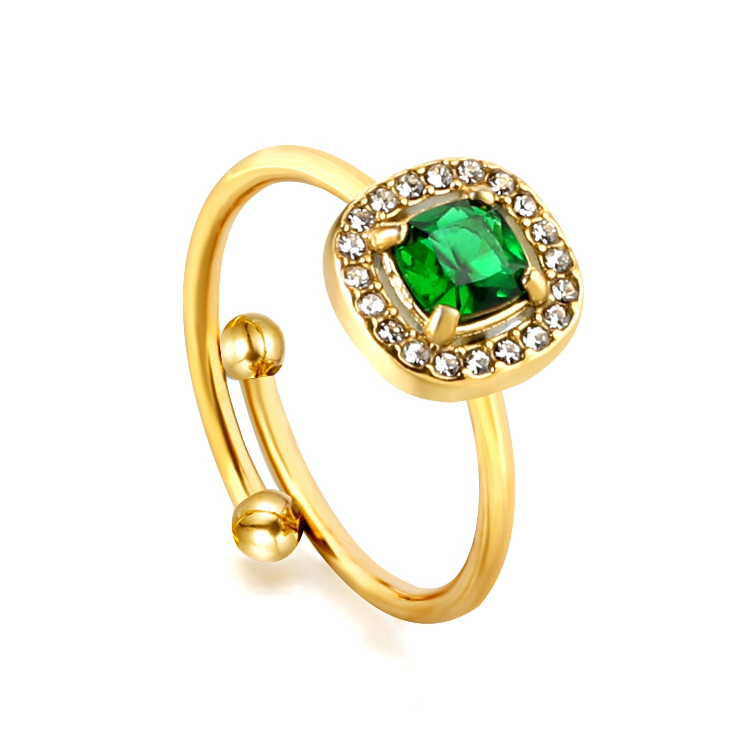Square green diamond with small white diamonds ending in an open round bead ring asonjewelry