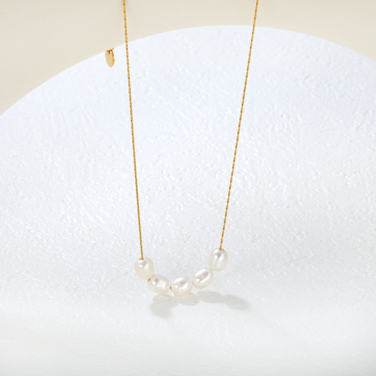 6*7mm 5 freshwater pearls 0.3 cross hammer round 40+5cm+6mm round pendant necklace, gold asonjewelry