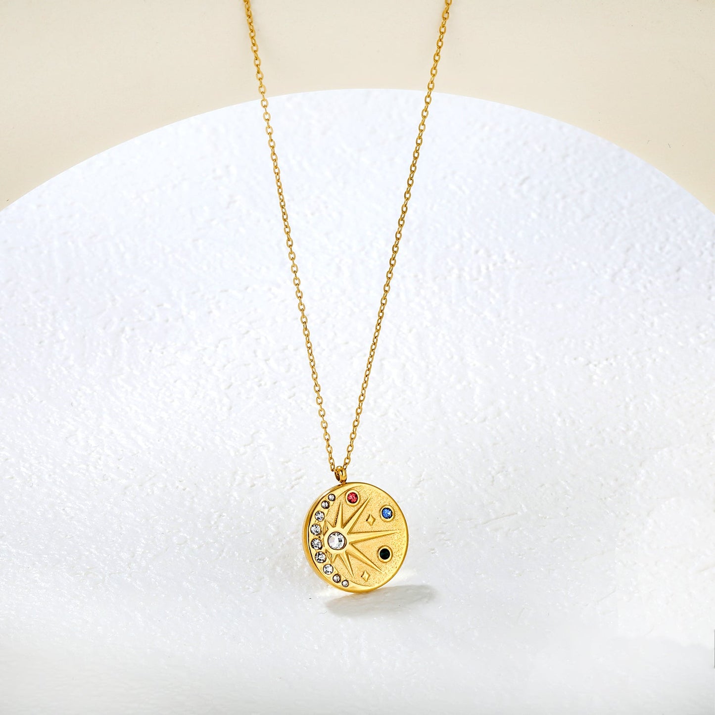 18mm eight-pointed star with colored diamonds 0.3 cross chain 40+5cm+6mm round pendant necklace, gold asonjewelry
