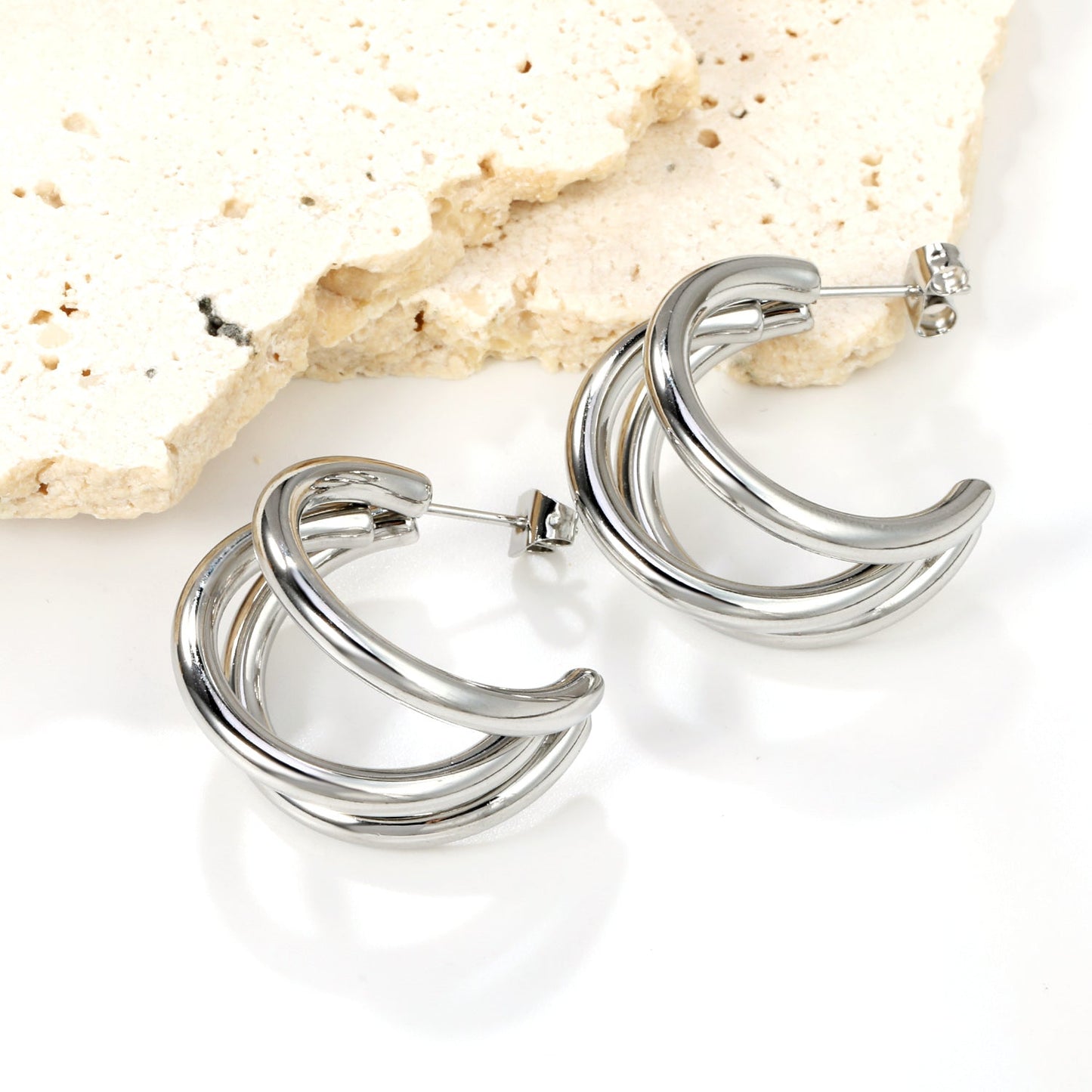 Triple Size C-Shaped Gold Stud Earrings 3*17*24.7mm asonjewelry