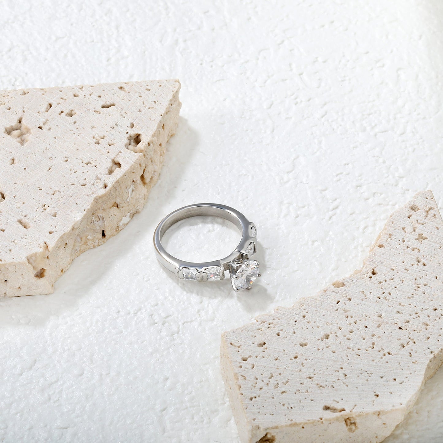 Stainless Steel Ring with Round Diamond & Trapezoid Side Accents asonjewelry