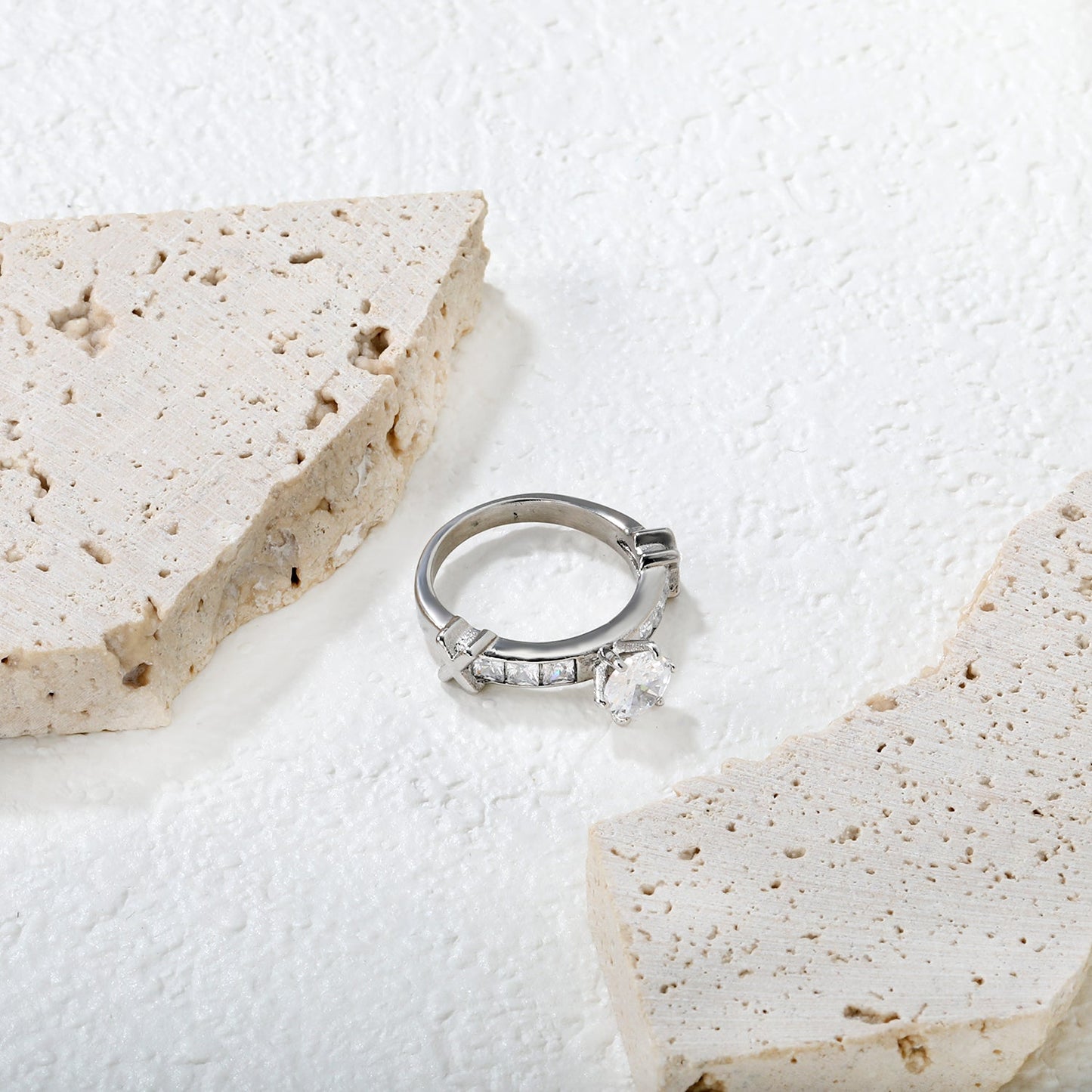 Stainless Steel Ring with Round Center Diamond & Rectangular Side Diamonds asonjewelry