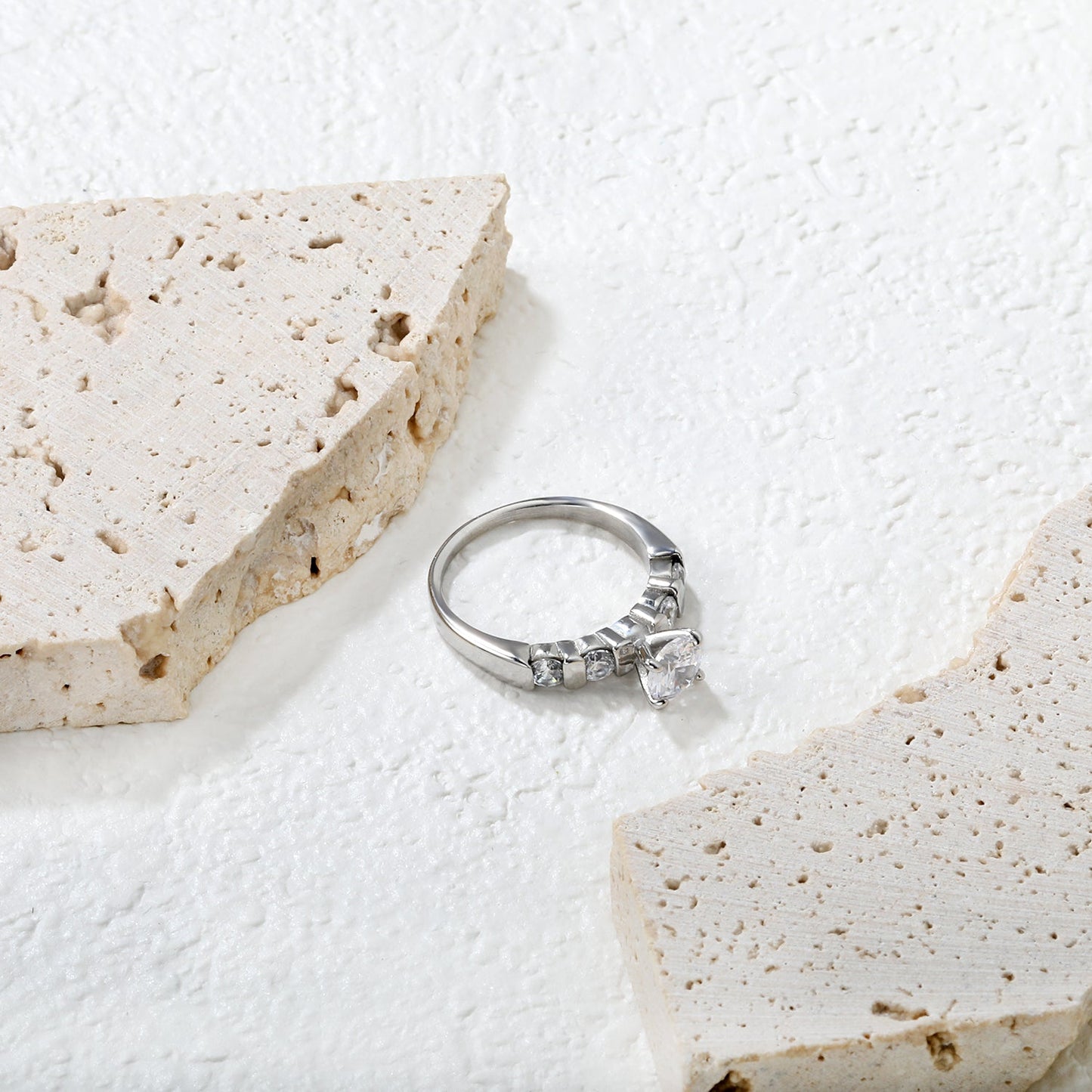 Stainless Steel Ring with Round Diamond & Teardrop Side Stones asonjewelry