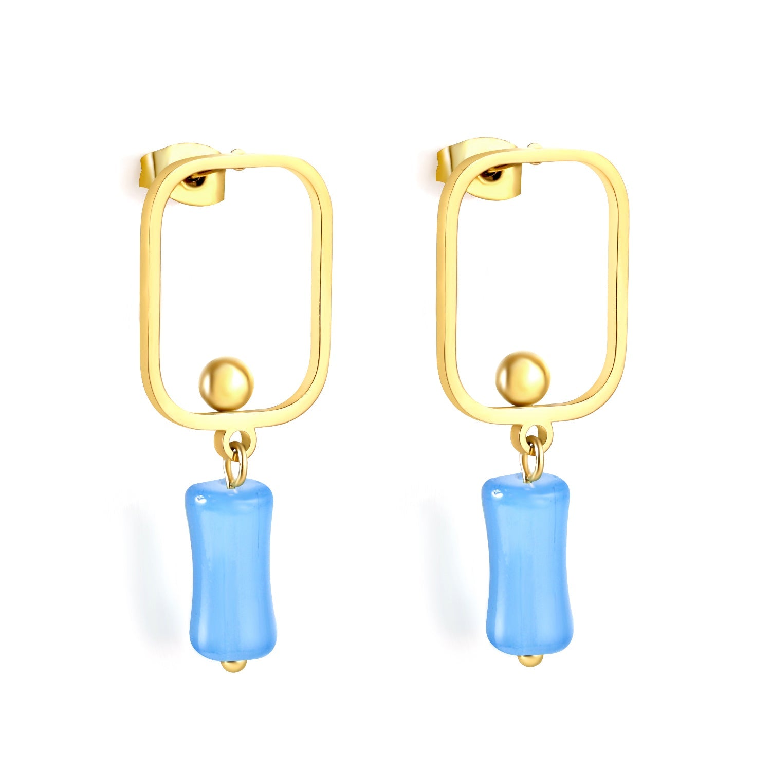 Square Hoops with Steel Beads & Pink & Blue & Green Column Stud Earrings asonjewelry