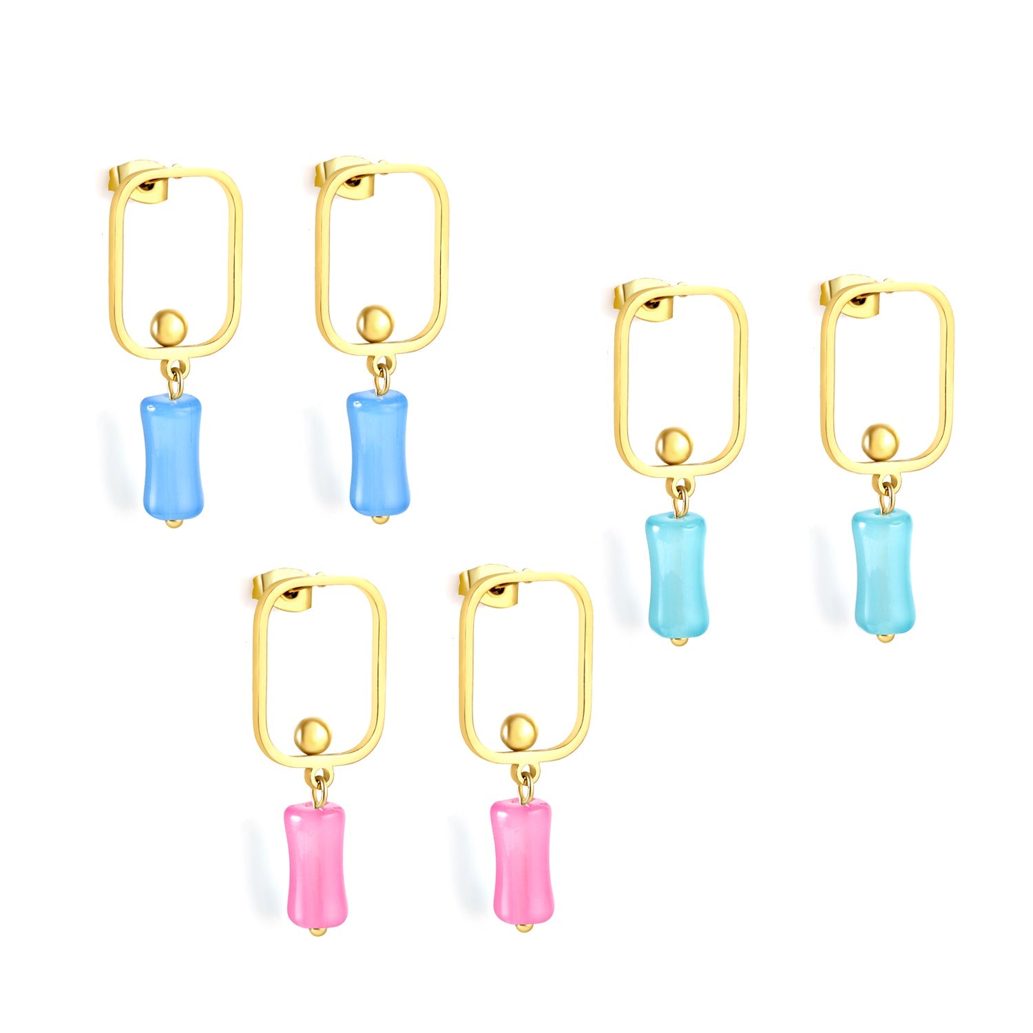 Square Hoops with Steel Beads & Pink & Blue & Green Column Stud Earrings asonjewelry