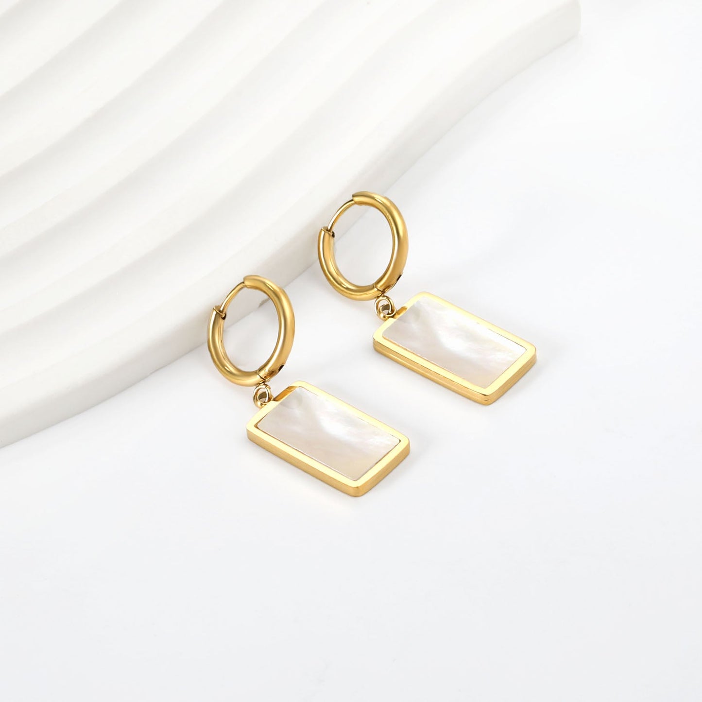 2x13mm Circle with Rectangle White Shell Stud Earrings asonjewelry