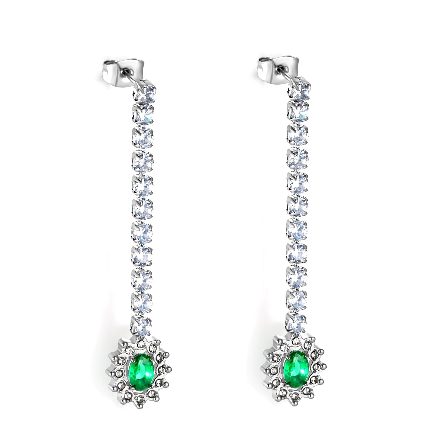 Square Baguette White Diamonds with Round Green Diamonds + White Diamond Hoop Earrings asonjewelry