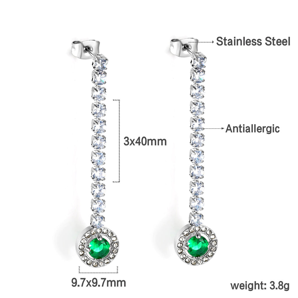 Diamantes blancos baguette cuadrados con diamantes verdes redondos + aretes tipo argolla de diamantes blancos