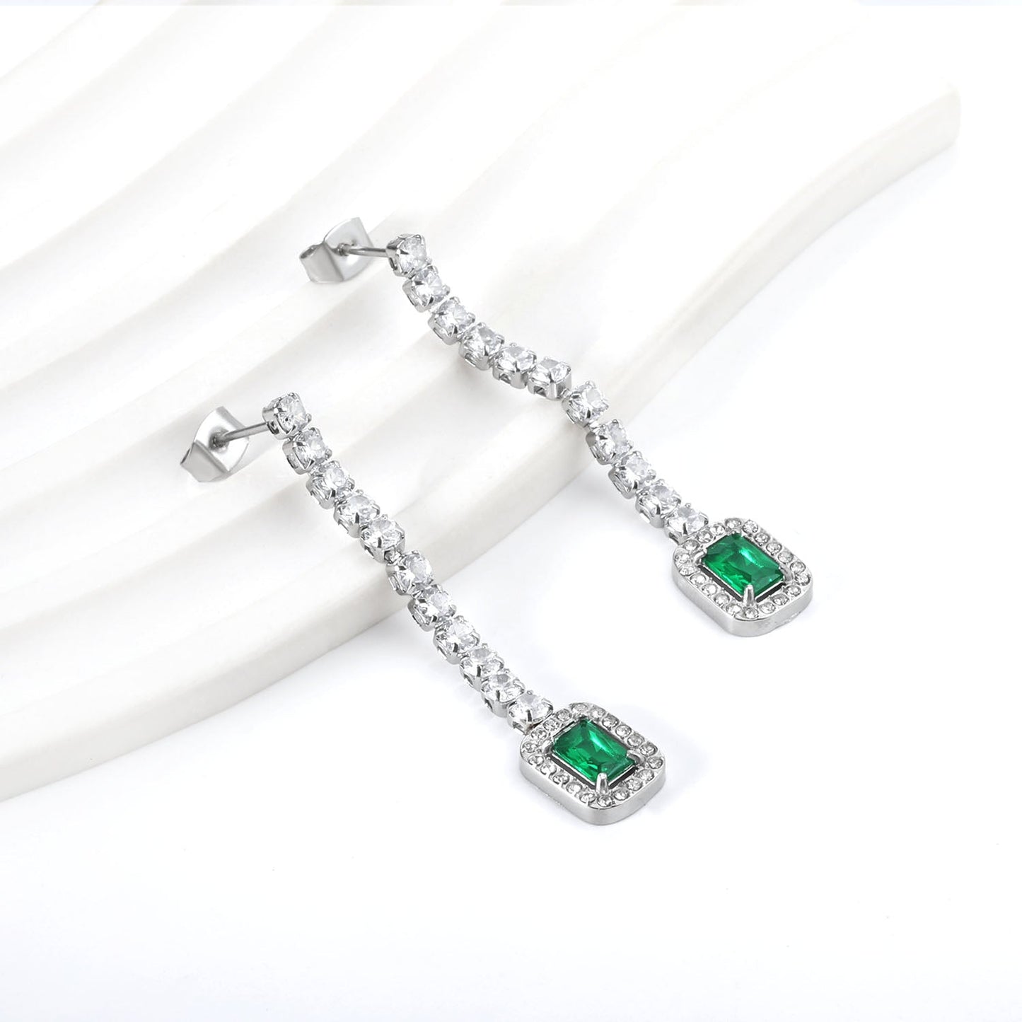 Square Baguette White Diamonds with Round Green Diamonds + White Diamond Hoop Earrings asonjewelry