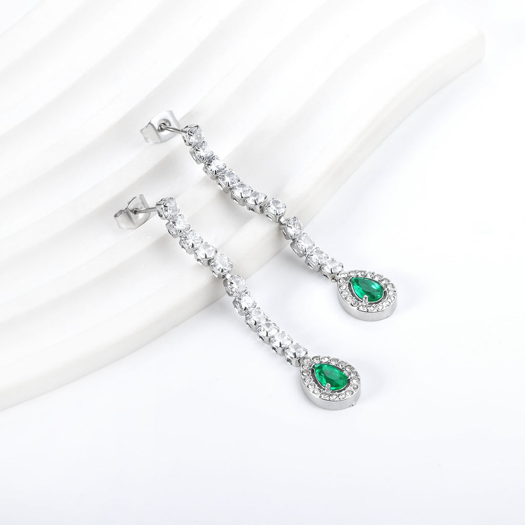 Diamantes blancos baguette cuadrados con diamantes verdes redondos + aretes tipo argolla de diamantes blancos