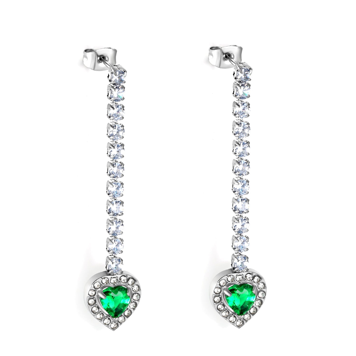 Square Baguette White Diamonds with Round Green Diamonds + White Diamond Hoop Earrings asonjewelry