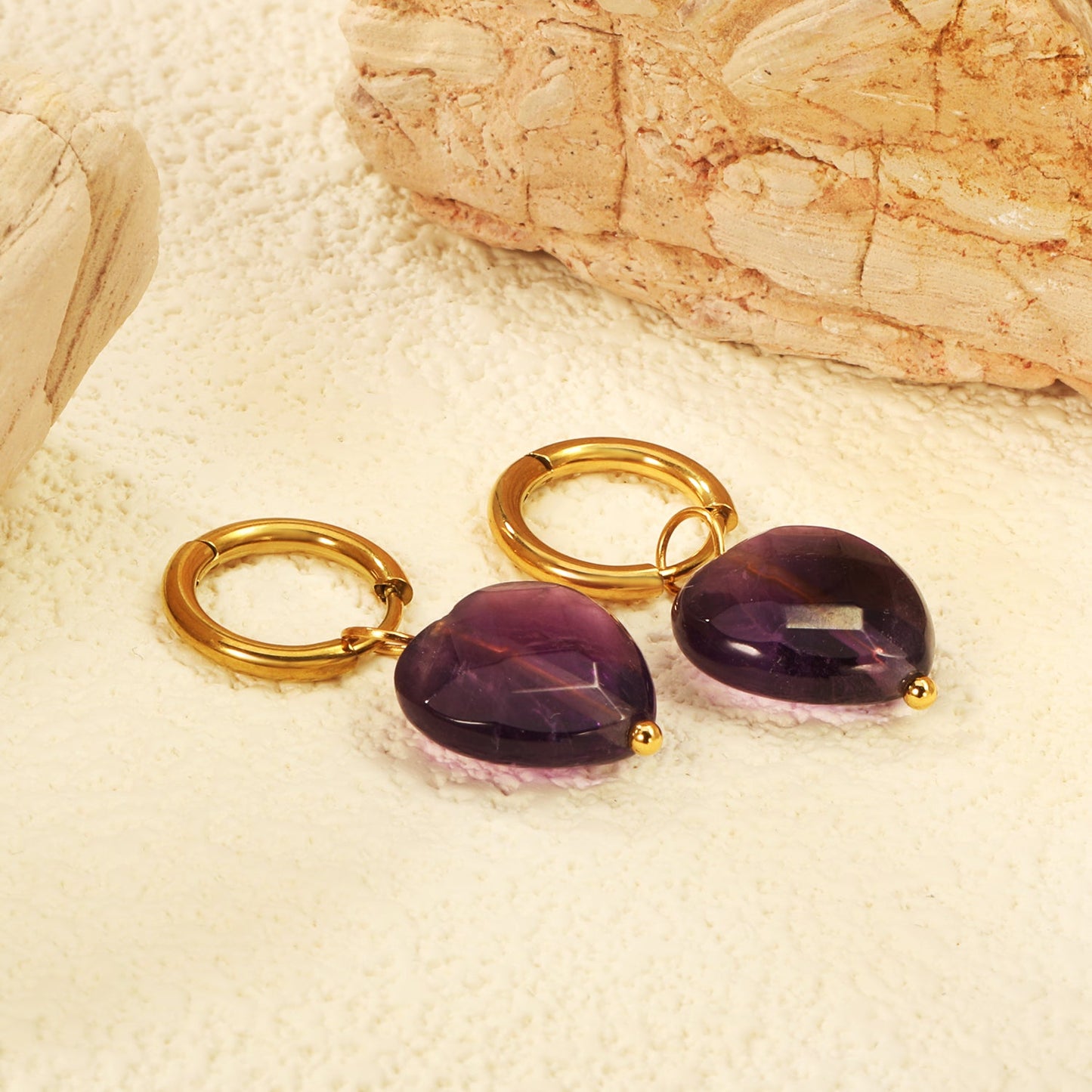 2*10mm inner diameter earrings + 15mm heart shape imitation amethyst stone earrings Gold color asonjewelry