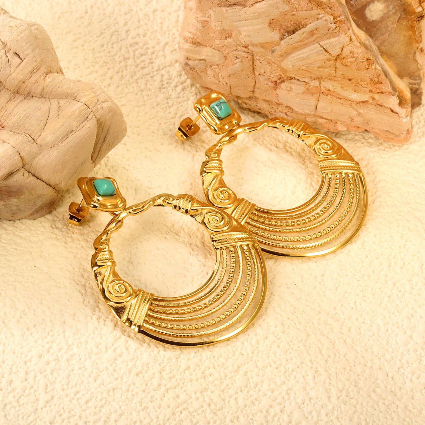 12.2mm Rhombus with Turquoise + 38.5mm Textured Circle Earrings Gold Color asonjewelry