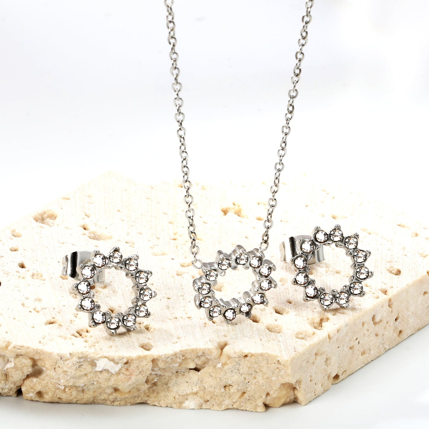 11.6mm Lace Circle with White Zirconium Stud Earrings + Necklace Cross Chain 0.3*44+5cm+6mm Round End Plate Set Steel/Golden asonjewelry