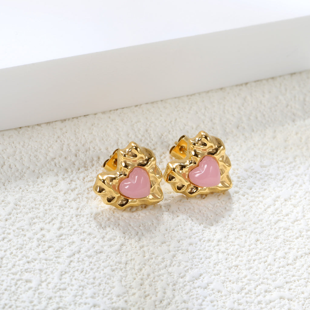 Pink & Green Diamonds Bumpy Heart Stud Earrings 15*15.6mm