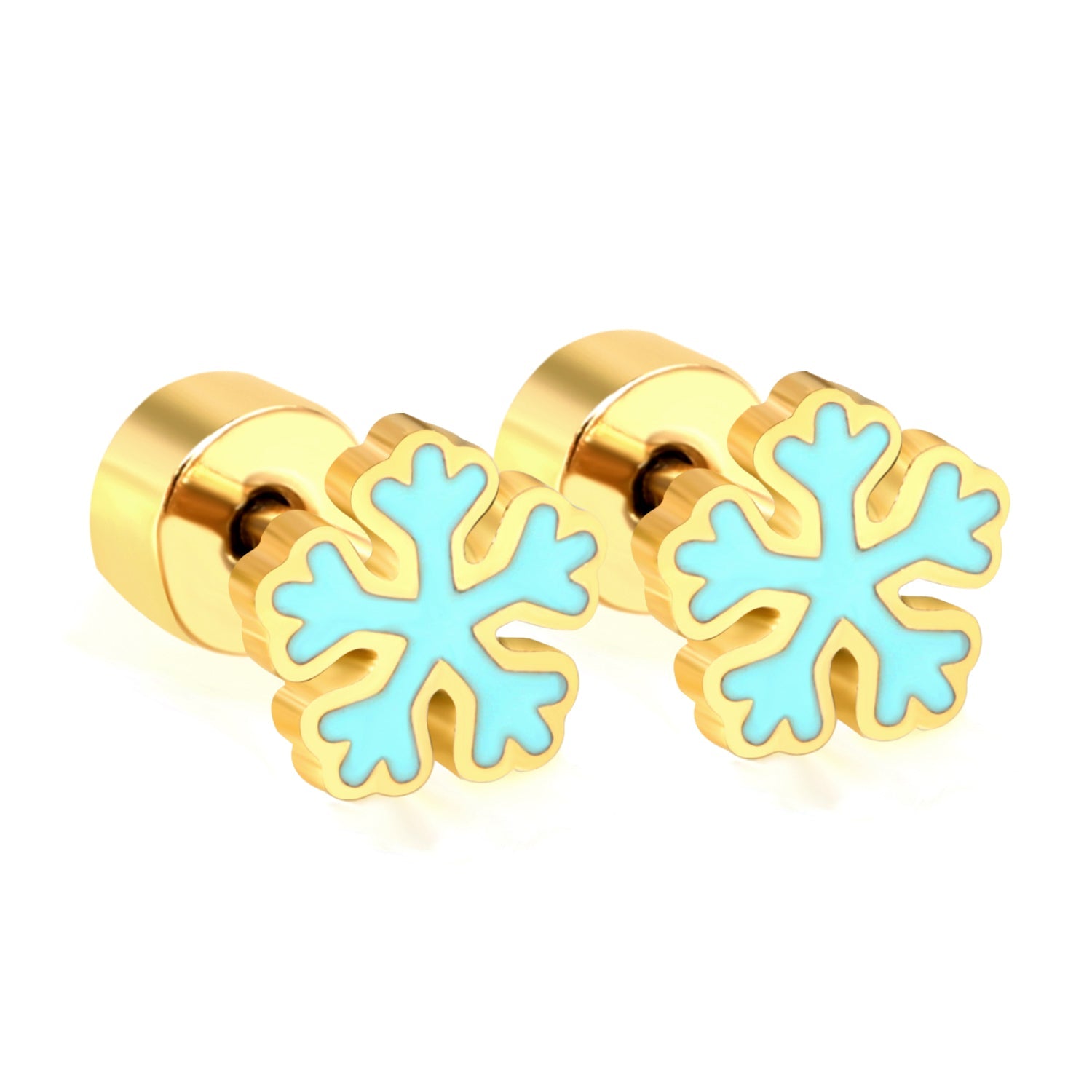 Children's Christmas snowflake shaped twisted plug earrings gold color asonjewelry