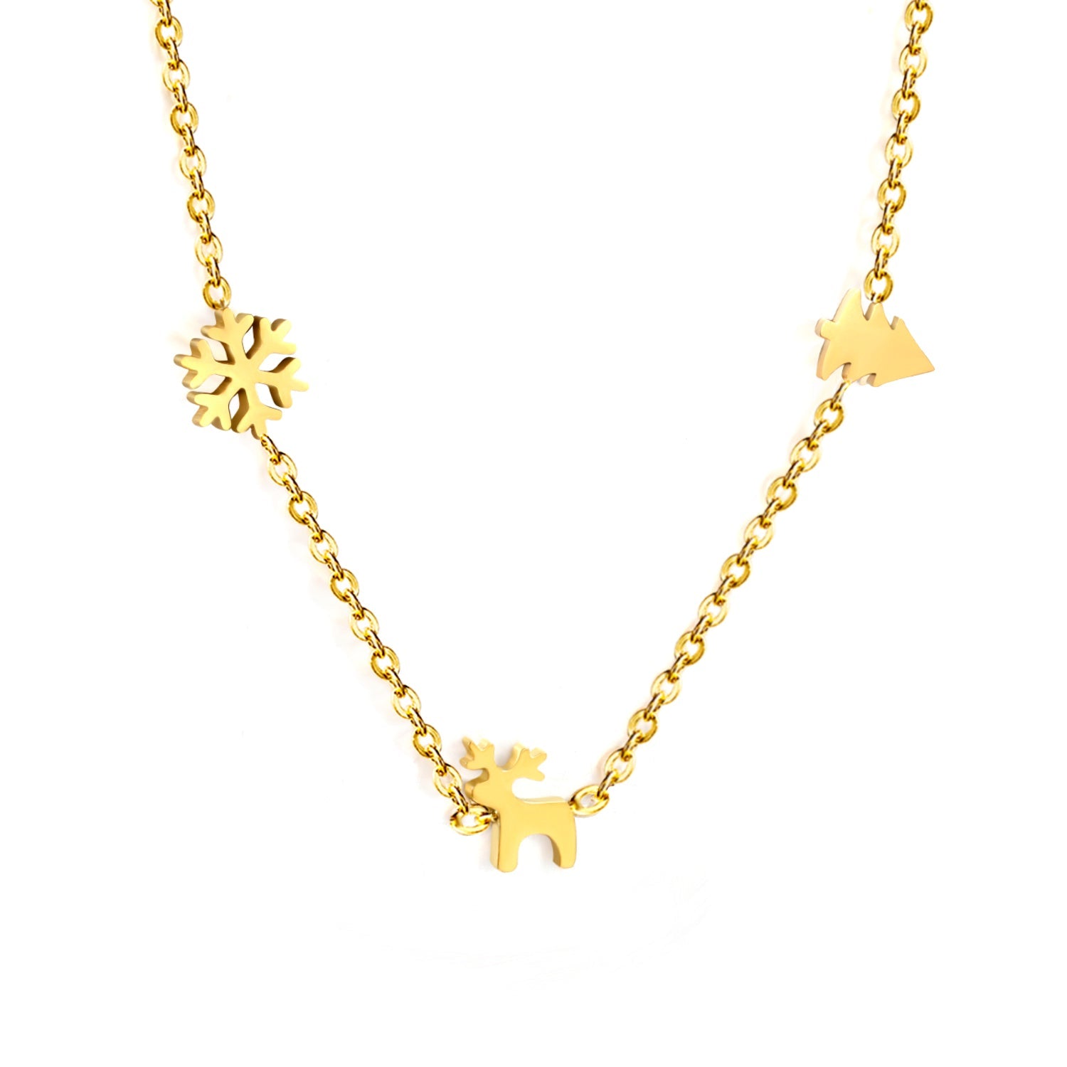 Children's Christmas Moose + Christmas Tree + Snowflake Necklace Gold asonjewelry