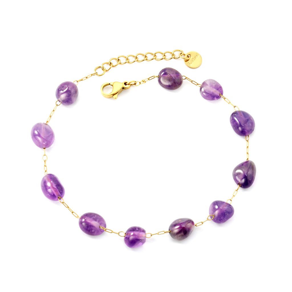 About 8.6*7mm Amethyst 0.3 Elongated Chain 20+3cm+6mm Round Plaque Bracelet Golden
